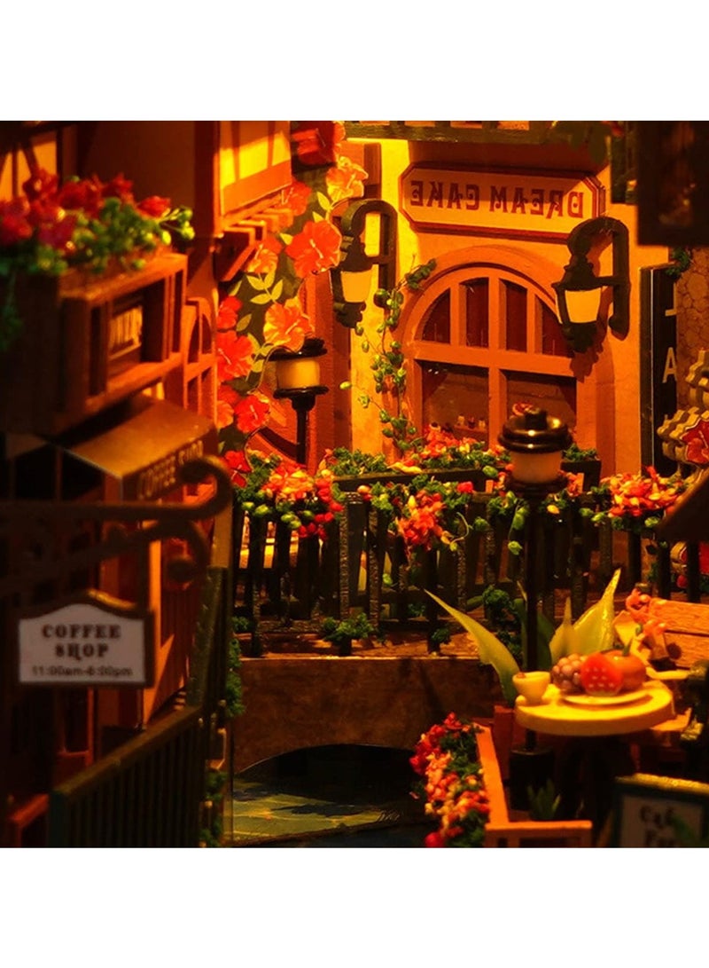 DIY Book Corner Kit, 3D Wooden Puzzle Book Corner, Decorative Bookends, Bookshelf Insert Decorative Alley with Furniture and LED Lights for Birthday Home Desk Decoration (Leisure Years) - Image 4